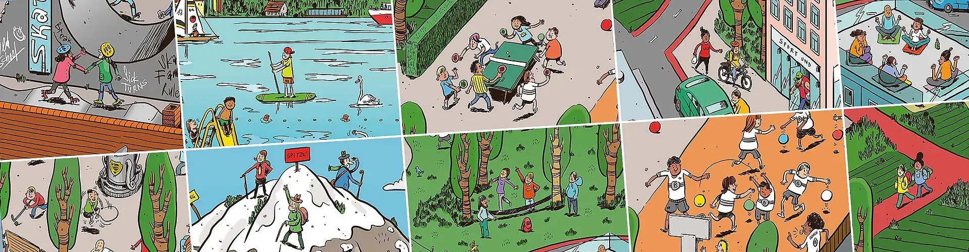 Collage von Illustrationen in den sich Menschen bewegen