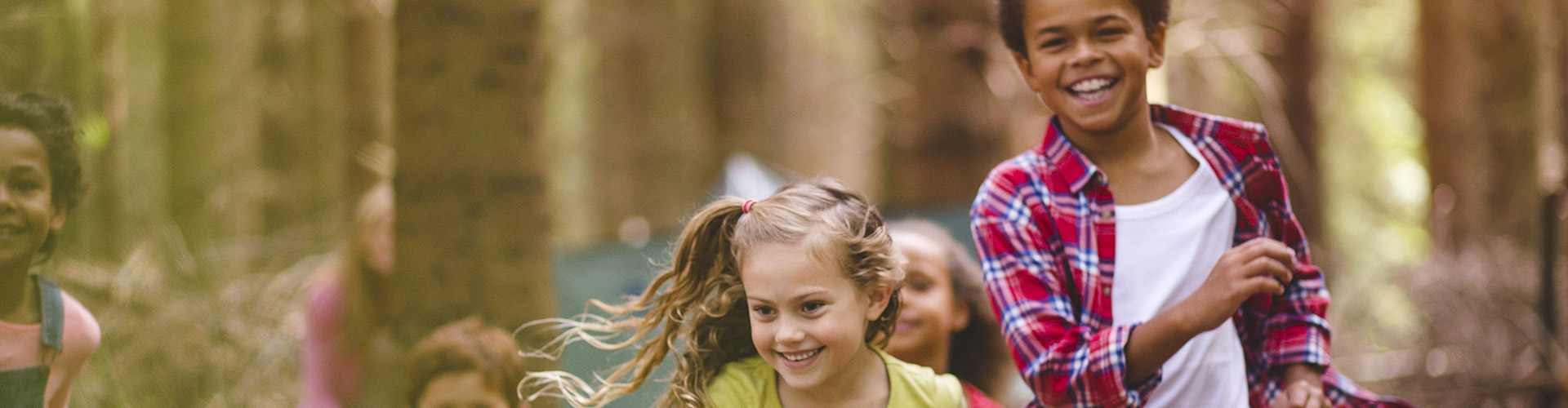 Kinder rennen in einem Wald und haben Spaß