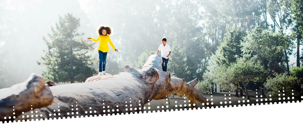 Kinder laufen auf einem Baumstamm Kinder laufen auf einem Baumstamm