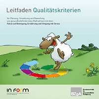 Titelbild der Broschüre "Leitfaden Qualitätskriterien für Planung, Umsetzung und Bewertung von gesundheitsfördernden Maßnahmen mit dem Fokus auf Bewegung, Ernährung und Umgang mit Stress" Titelbild der Broschüre "Leitfaden Qualitätskriterien für Planung, Umsetzung und Bewertung von gesundheitsfördernden Maßnahmen mit dem Fokus auf Bewegung, Ernährung und Umgang mit Stress"