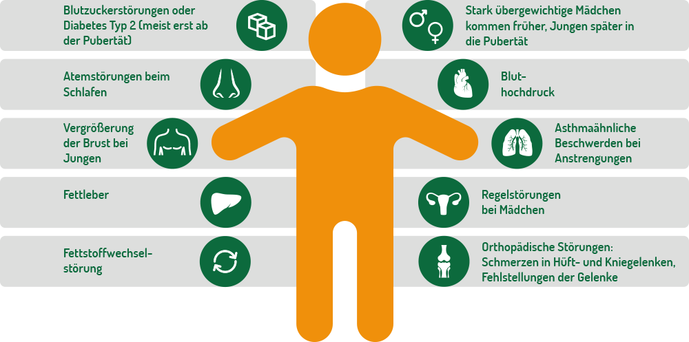 Grafik zur Frage, ob Übergewicht der Gesundheit schadet, es werden verschiedene Krankheitsbilder gezeigt